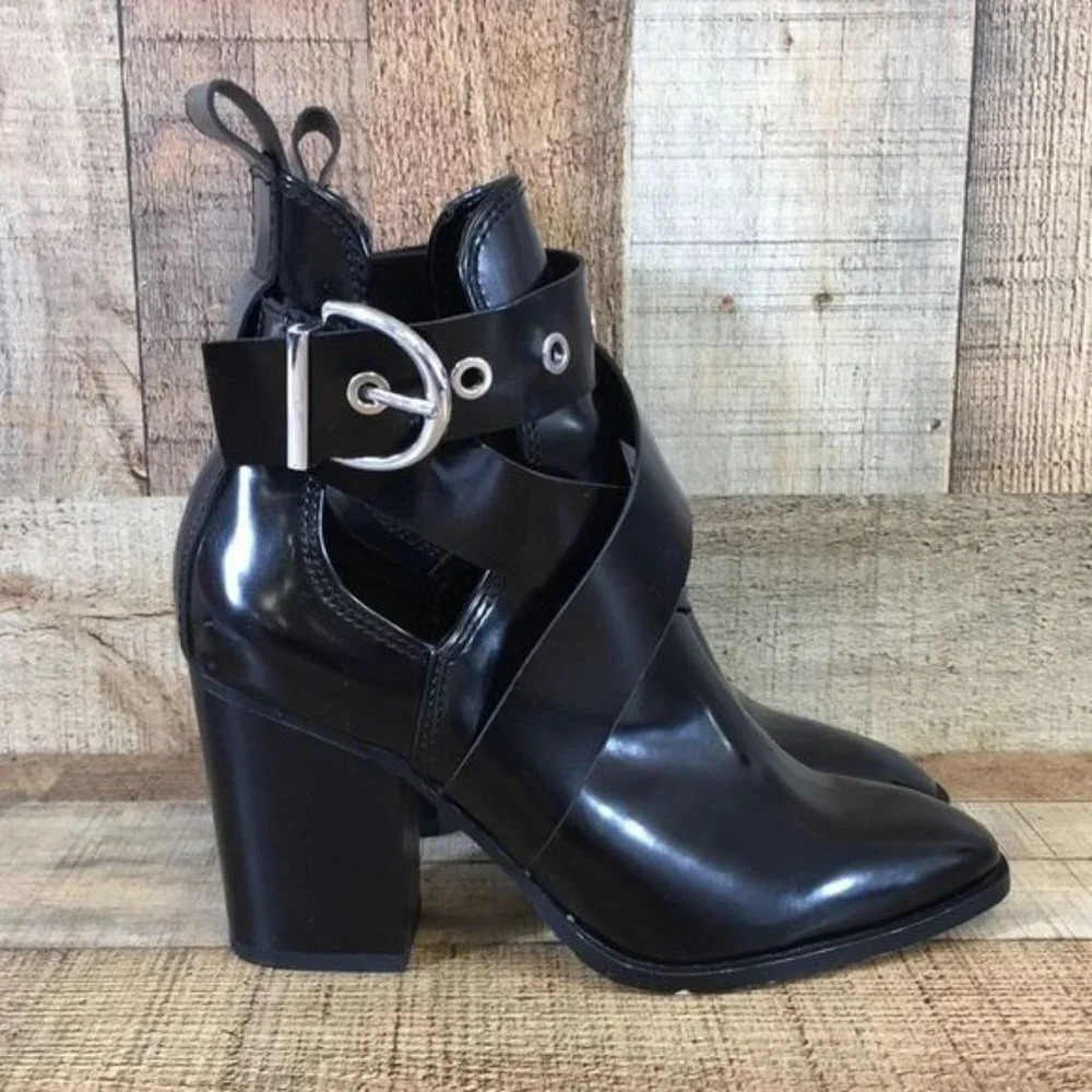 Zara Woman Black Cutout Buckle Heeled Boots Womens 35 Ankle Booties
